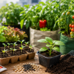 Vegetable seedlings growing in containers alongside tomato, pepper, and lettuce plants, with seeds, soil, and gardening tools.