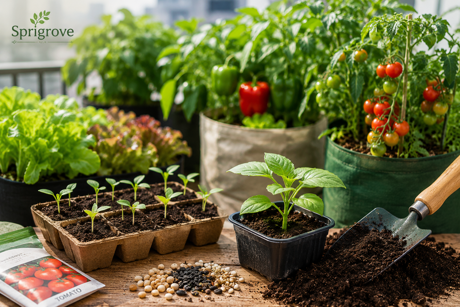 Vegetable seedlings growing in containers alongside tomato, pepper, and lettuce plants, with seeds, soil, and gardening tools.
