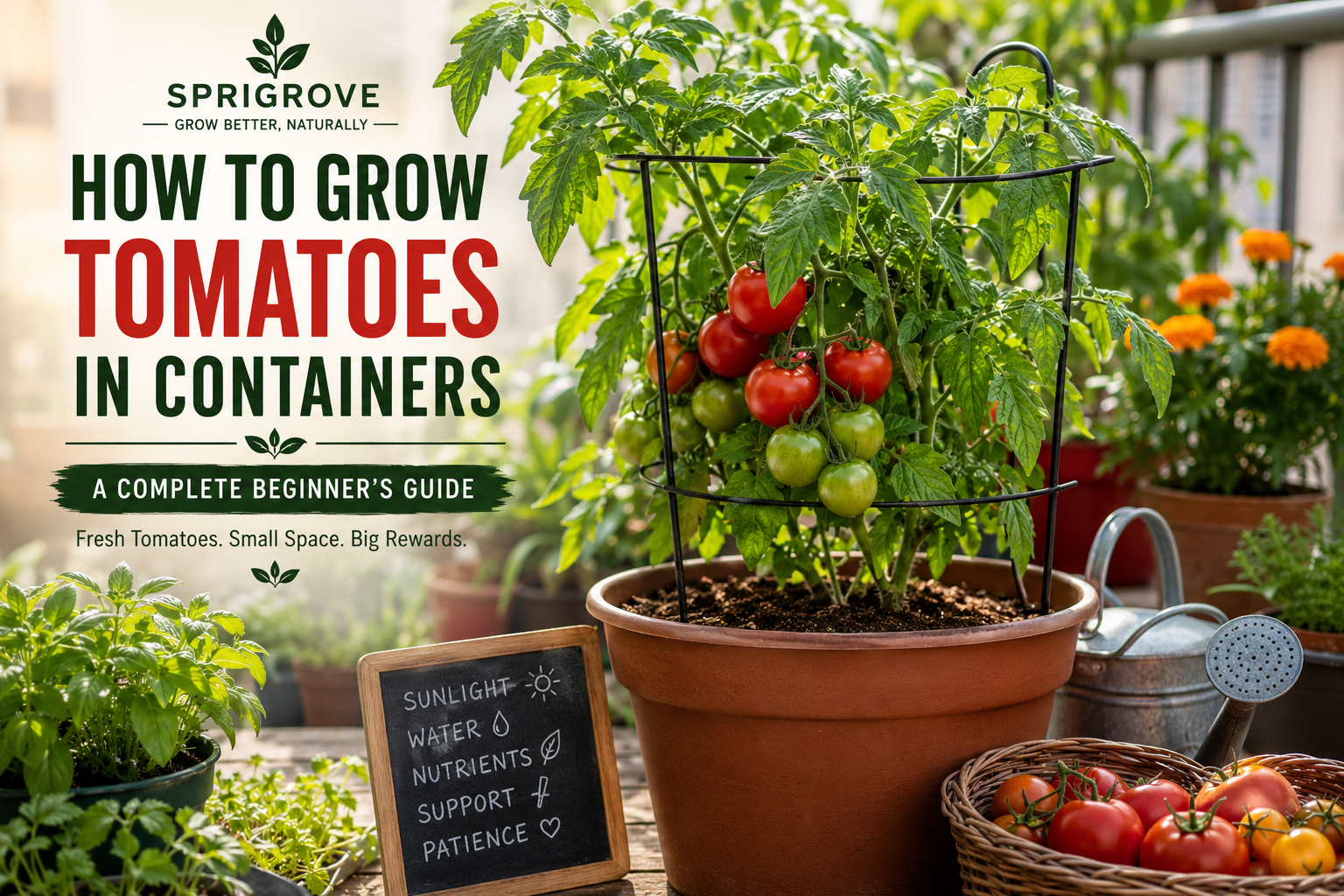 How to grow tomatoes in containers with a healthy tomato plant growing in a large pot