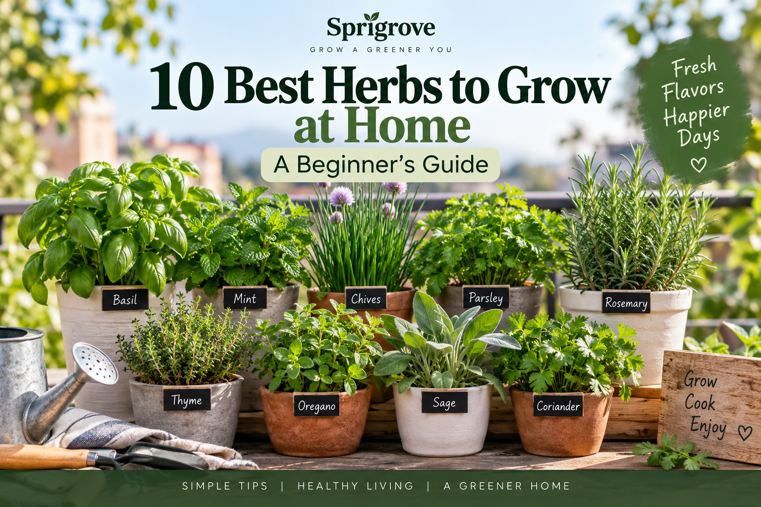 10 best herbs to grow at home in pots, including basil, mint, chives, parsley, rosemary, thyme, oregano, sage, and coriander.